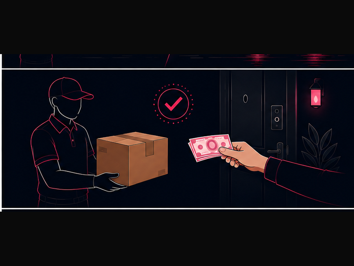 Paying cash to a courier for a plain unmarked parcel at the door