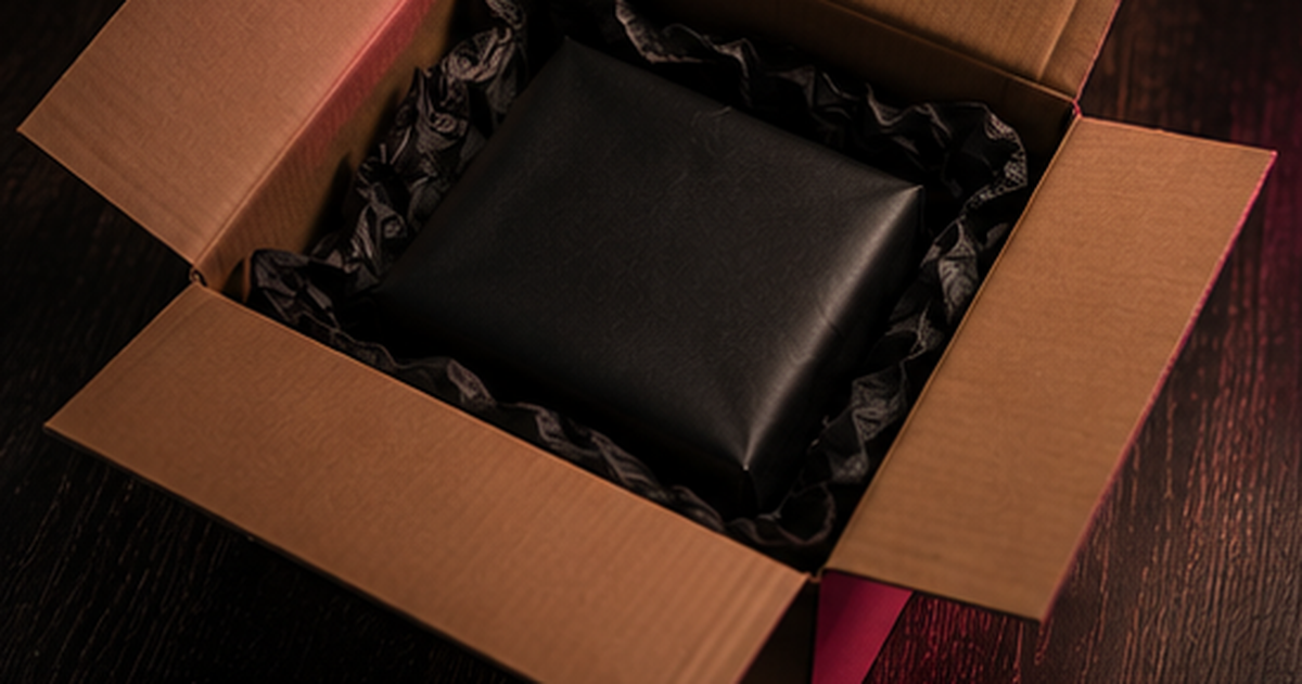 Anatomy of a discreet parcel: unmarked box, neutral label, generic description