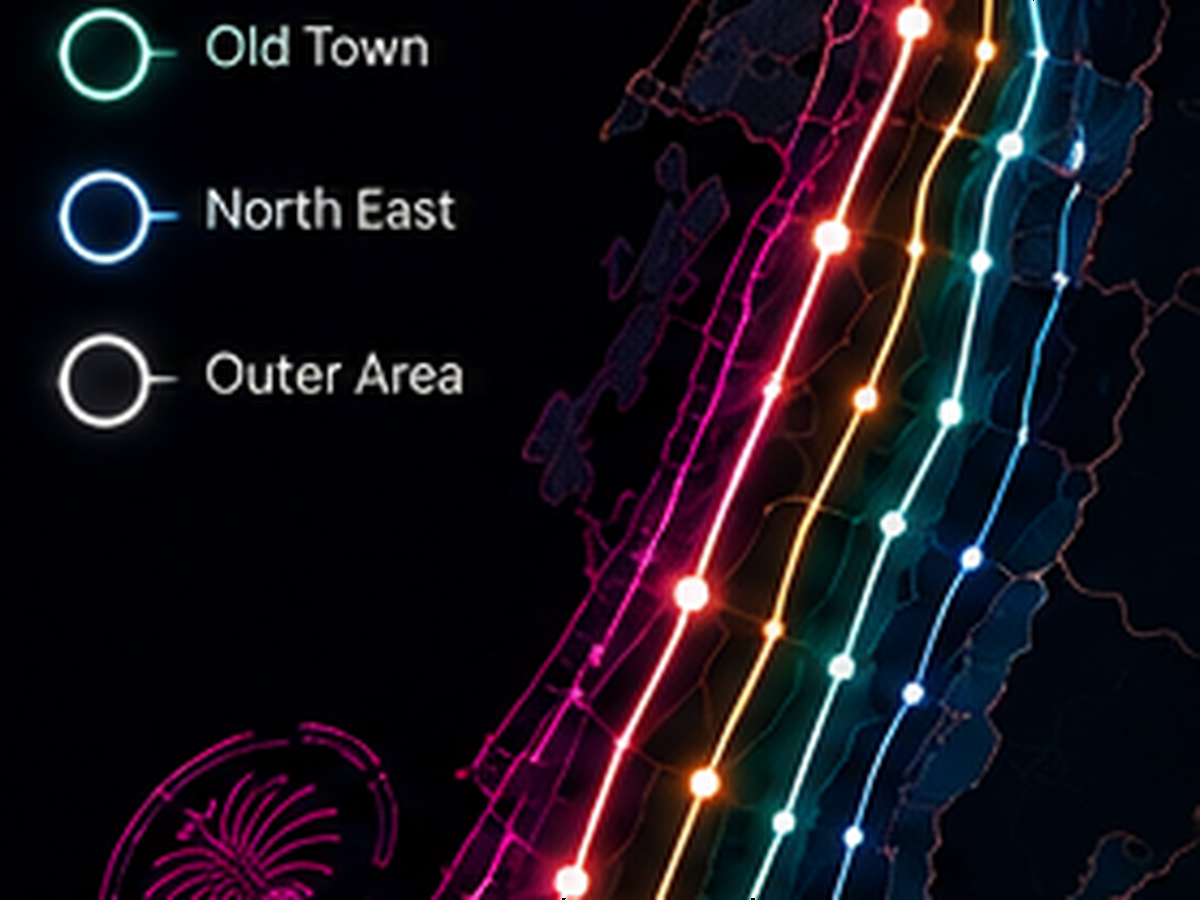 Dubai's delivery corridors: coastal core, central spine, mid-city, old core, north-east and edges