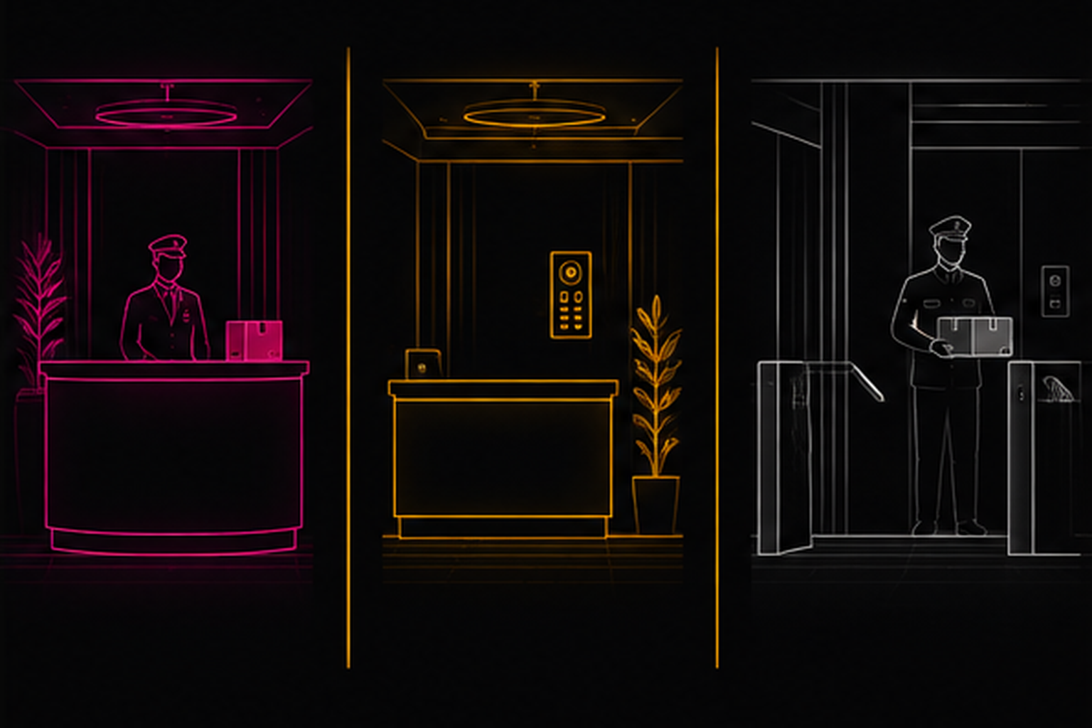 Three reception setups: staffed concierge, unstaffed intercom lobby, security gate — each with a different privacy dynamic