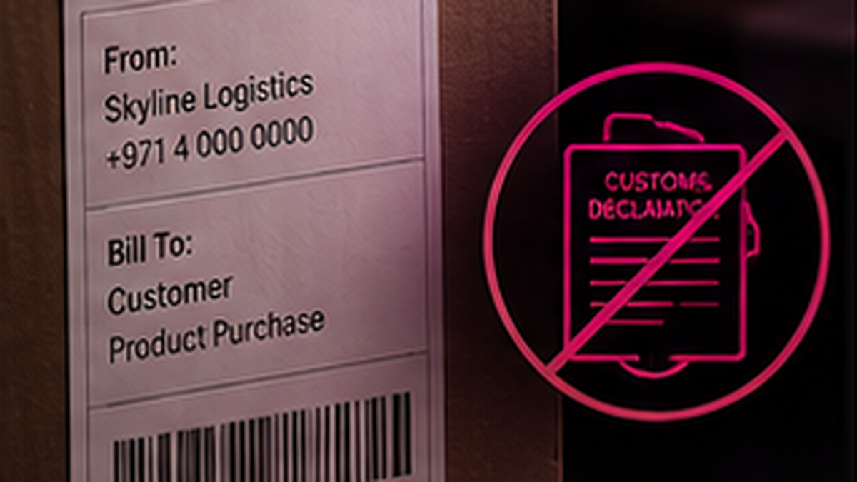 The neutral sender: label name, billing descriptor, and the absence of a customs declaration
