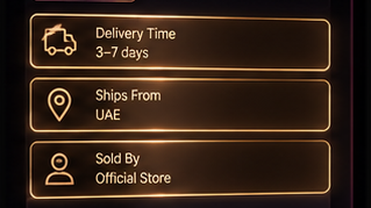 Three tells on a marketplace listing: delivery estimate, ships-from line, and seller name